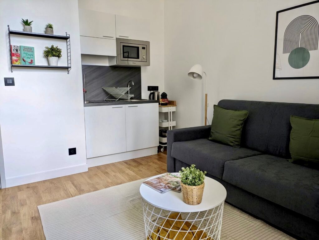 Salon étudiant avec un canapé-lit anthracite et une petite kitchenette.