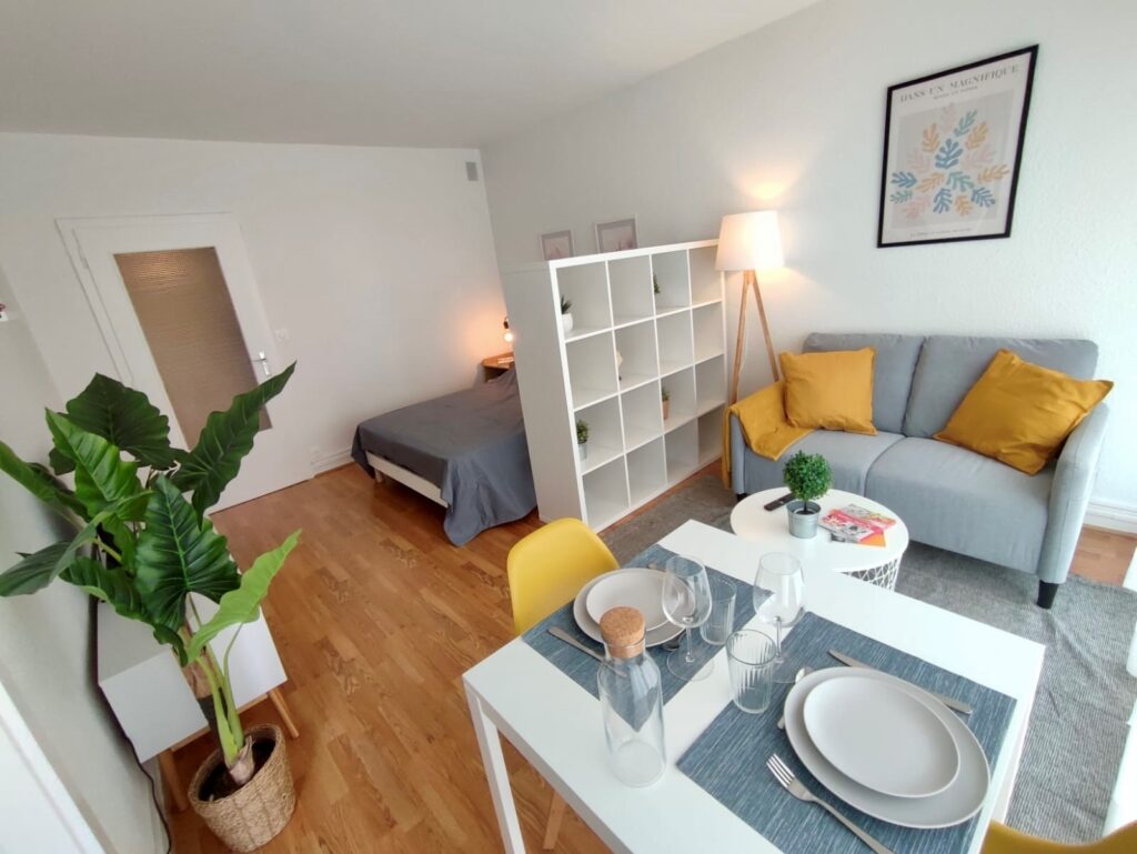 Studio étudiant avec un espace lit et un espace salon