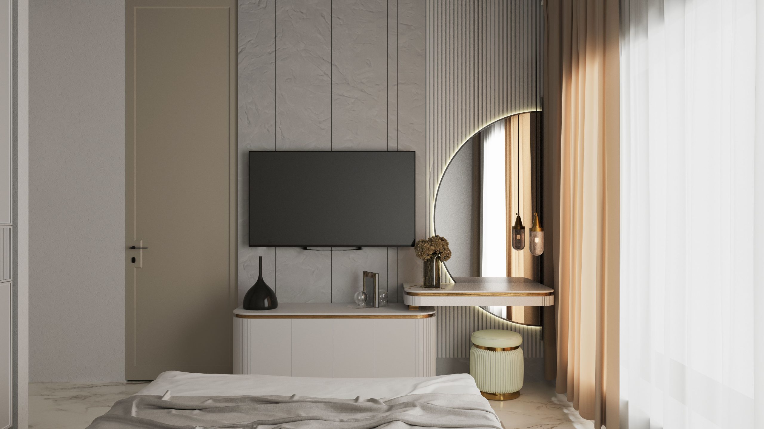 Chambre élégante minimaliste avec TV et décoration